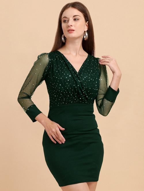 v-neck self design bodycon dress - 20026001 - Very Small Image - 1