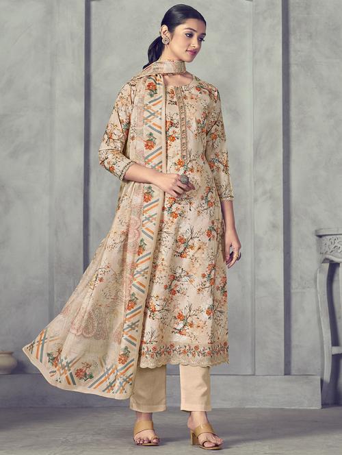 beige round neck unstitched suits - 20027764 - Very Small Image - 1