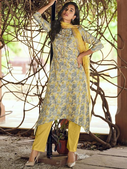 yellow printed unstitched suits - 20027771 - Very Small Image - 1