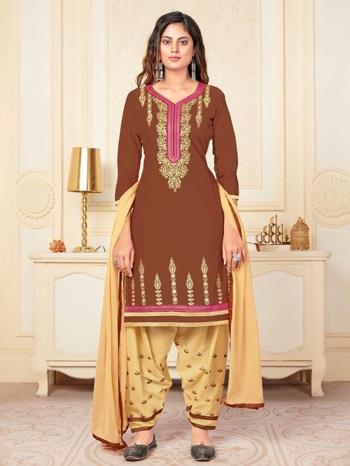 brown embroidered unstitched salwar suit - 20029495 - Very Small Image - 1