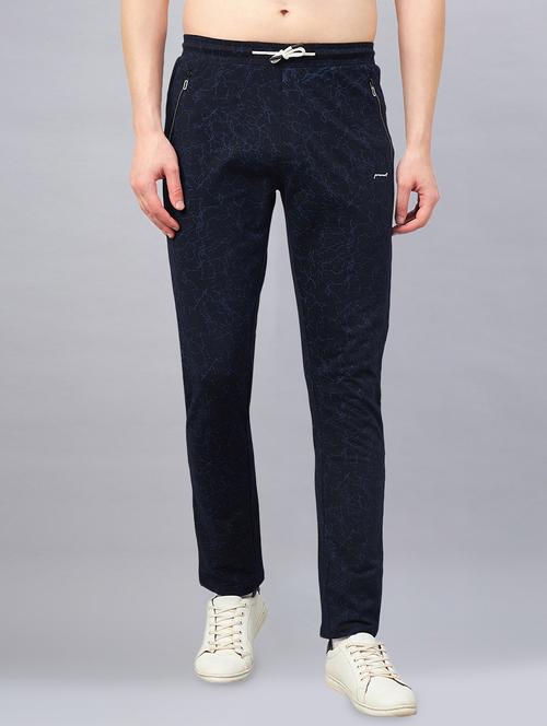 navy blue printed slim fit full length track pant - 20031368 - Very Small Image - 1