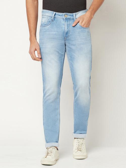  men's light blue pure cotton slim fit solid jeans - 20031762 - Very Small Image - 1