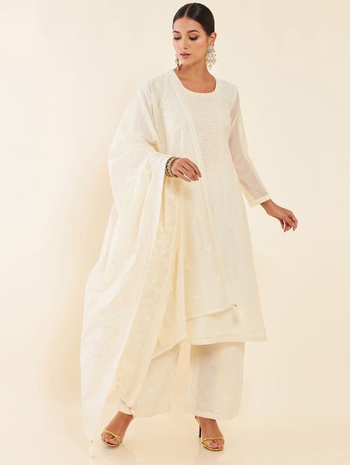 cream printed unstitched palazzo suits - 20031835 - Very Small Image - 1