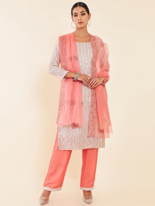 peach printed unstitched palazzo suits - 20031837 - Very Small Image - 1