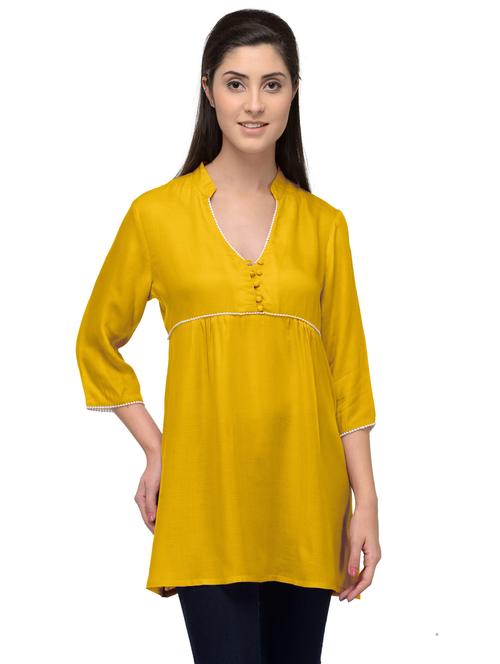 yellow mandarin neck a-line tunic - 20032652 - Very Small Image - 1