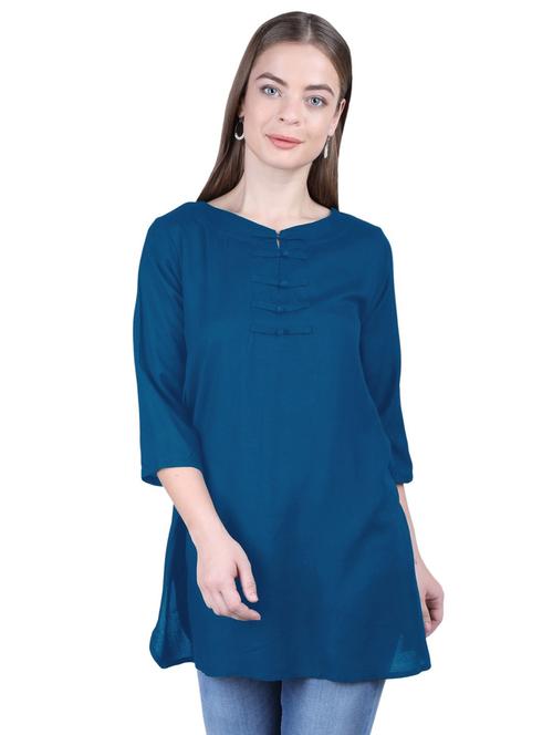 blue solid three quarter sleeves a-line tunic - 20032922 - Very Small Image - 1