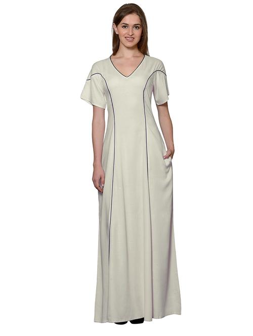beige detailed v-neck solid nighty - 20033485 - Very Small Image - 1