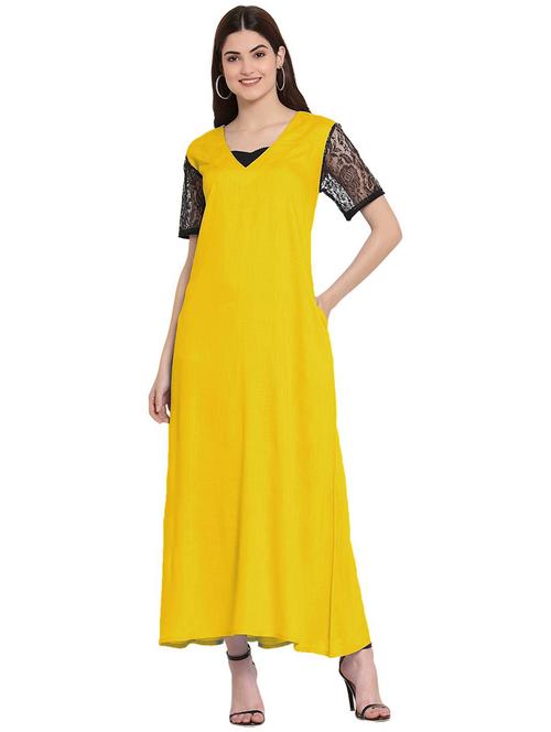 yellow detailed v-neck solid nighty - 20033632 - Very Small Image - 1