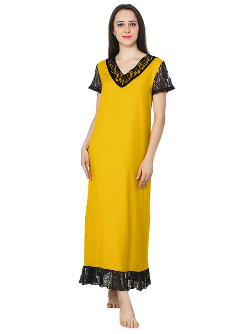 mustard detailed v neck solids nighty - 20033962 - Very Small Image - 1