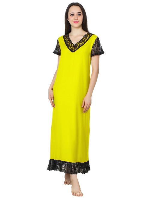 solid yellow detailed v-neck nighty  - 20033970 - Very Small Image - 1
