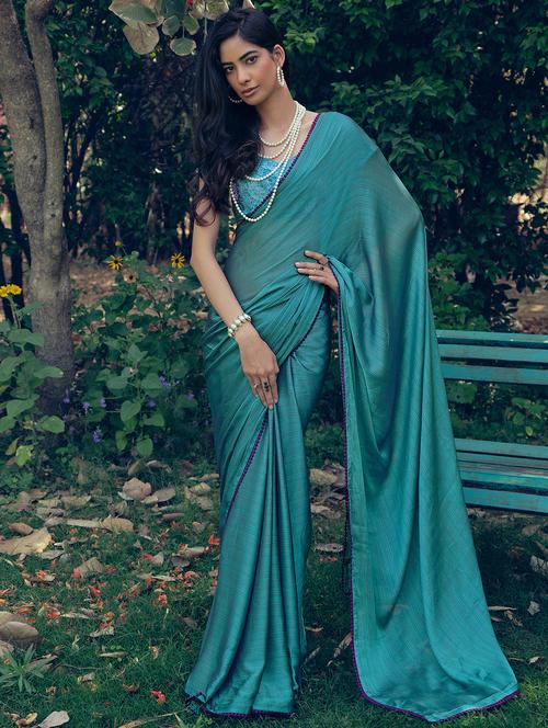 women's solid blue colored saree with blouse - 20034610 - Very Small Image - 1