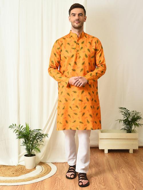 yellow radhe print kurta pyjama set - 20035290 - Very Small Image - 1
