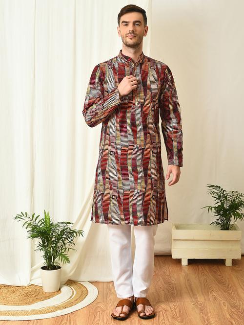 brown abstract print kurta pyjama set - 20035292 - Very Small Image - 1