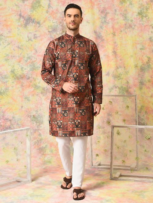 brown paisley print kurta pyjama set - 20035299 - Very Small Image - 1