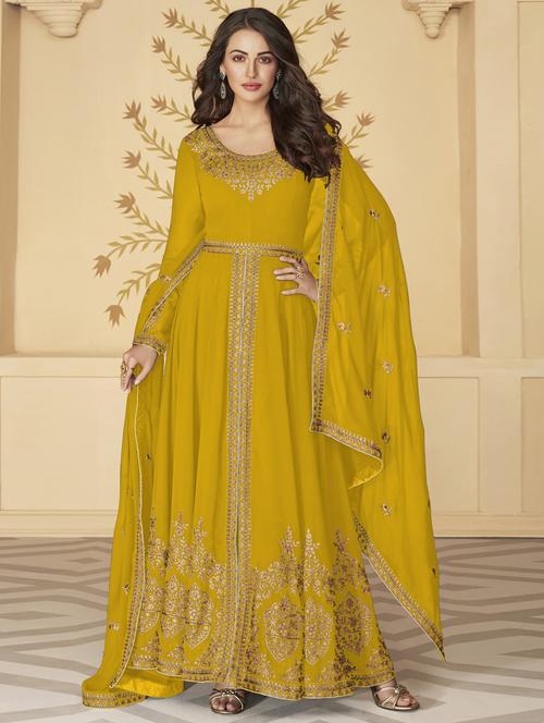 yellow embroidered semi-stitched suit - 20038670 - Very Small Image - 1