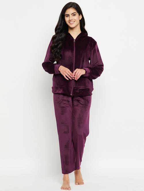 women hooded neck solid nightwear suit - 20038855 - Very Small Image - 1