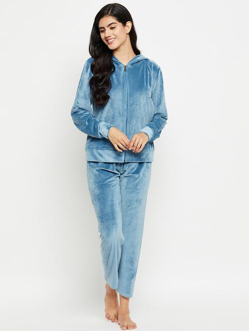 hooded neck solid nightwear suit - 20038856 - Very Small Image - 1