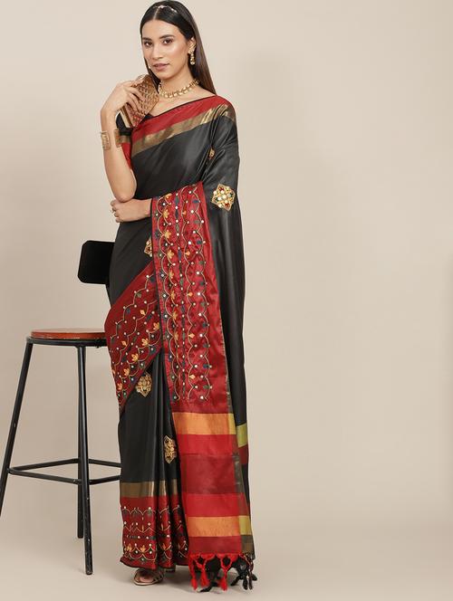 women's floral black colored saree with blouse - 20045950 - Very Small Image - 1