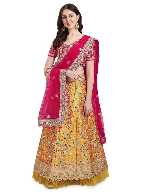 yellow self design unstitched lehenga - 20054072 - Very Small Image - 1