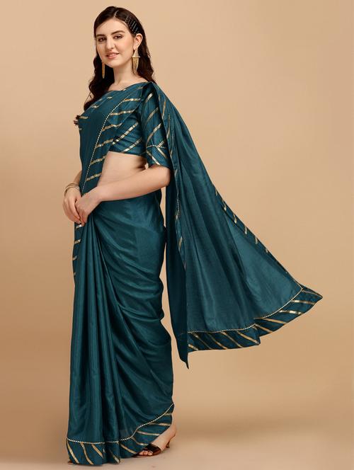 teal self design plain saree with blouse - 20054489 - Very Small Image - 1