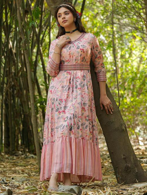 v-neck printed flared ethnic gown  - 20056520 - Very Small Image - 1