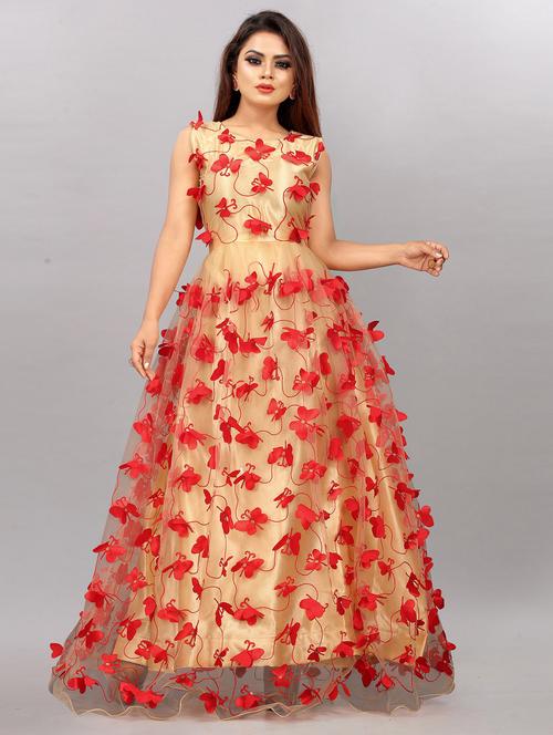 beige net fit & flare gown - 20056716 - Very Small Image - 1