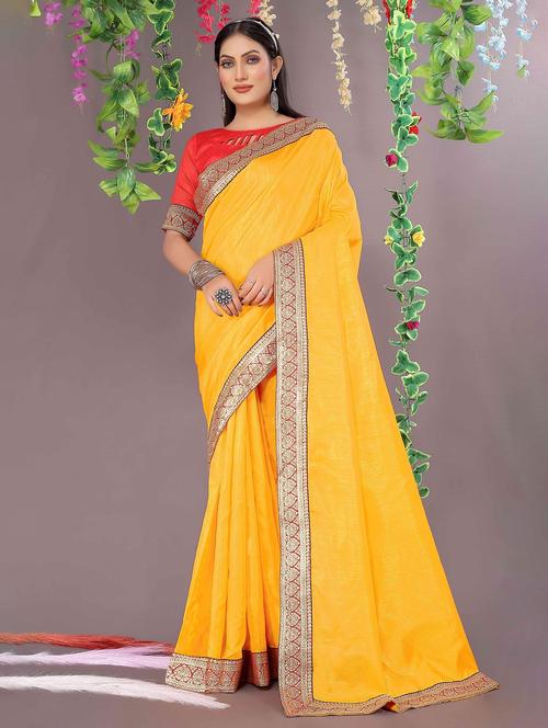 women's bordered yellow colored saree with blouse - 20058685 - Very Small Image - 1