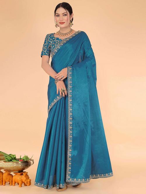 women's bordered royal blue colored saree with blouse - 20058715 - Very Small Image - 1