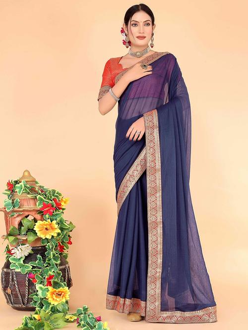 women's bordered navy blue colored saree with blouse - 20058727 - Very Small Image - 1