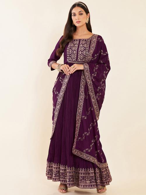 purple self design kurta dupatta set - 20060447 - Very Small Image - 1