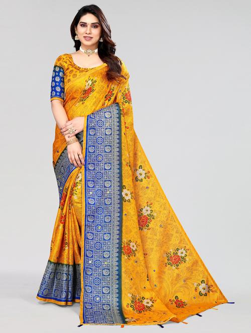 yellow printed woven saree with blouse - 20060739 - Very Small Image - 1