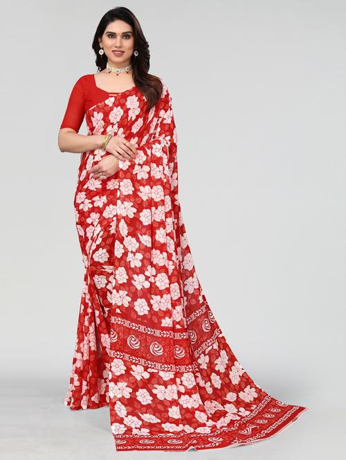 red floral printed saree with blouse - 20060761 - Very Small Image - 1