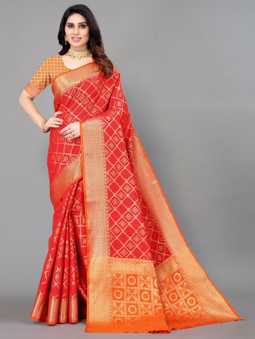 red banarasi saree with blouse - 20060785 - Very Small Image - 1