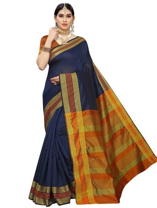 dark blue cotton blend maheshwari saree with blouse - 20061016 - Very Small Image - 1