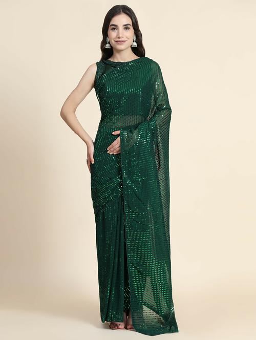 dark green self design saree with blouse - 20064374 - Very Small Image - 1