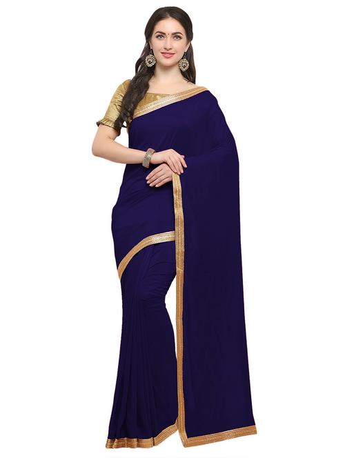 blue solid bordered saree with blouse - 20064438 - Very Small Image - 1