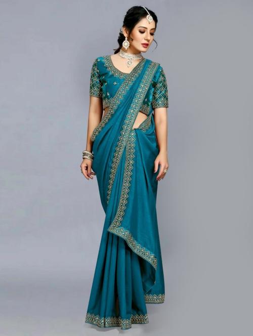 solid bordered saree with blouse - 20064900 - Very Small Image - 1