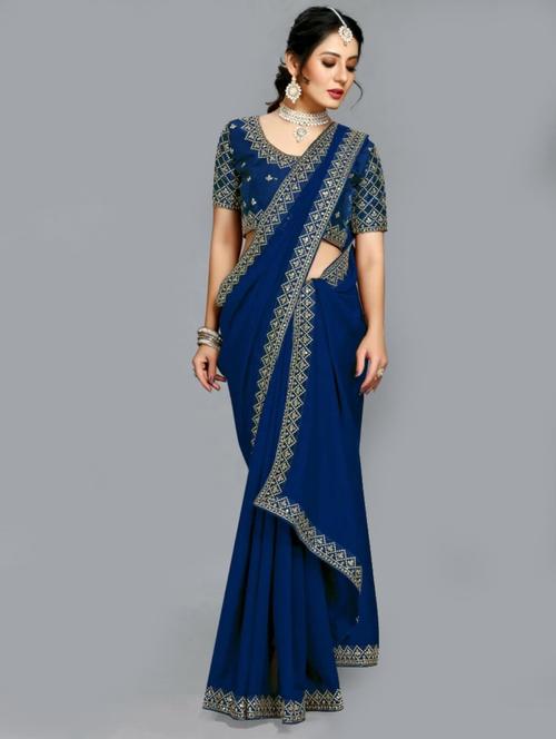 dark blue embroidered saree with blouse - 20064931 - Very Small Image - 1