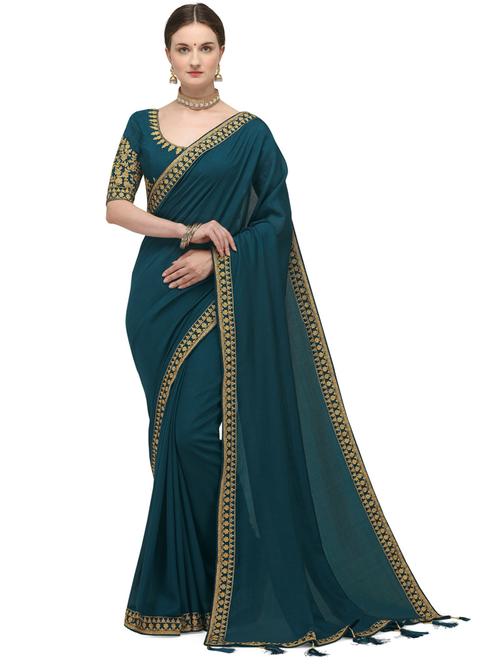 women's bordered royal blue colored saree with blouse - 20065027 - Very Small Image - 1