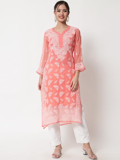 round neck chikankari straight long kurta - 20070413 - Very Small Image - 1