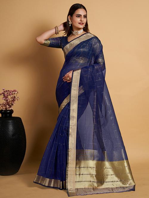 women's self design navy blue colored saree with blouse - 20073482 - Very Small Image - 1