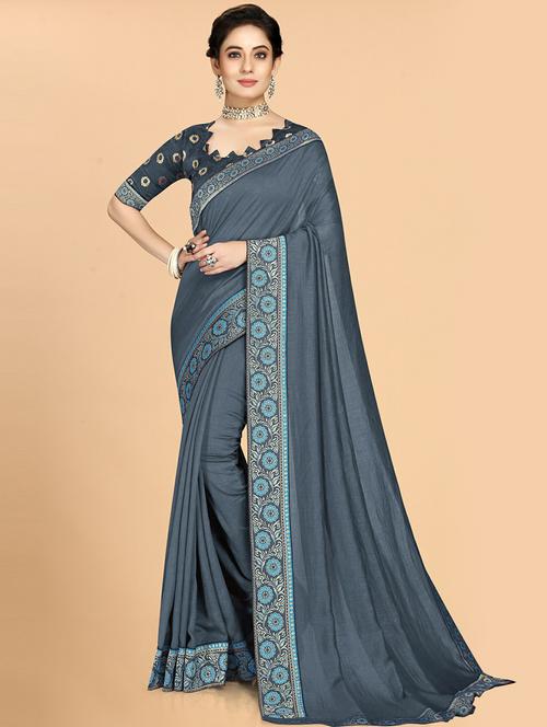 grey bordered saree with blouse - 20074193 - Very Small Image - 1