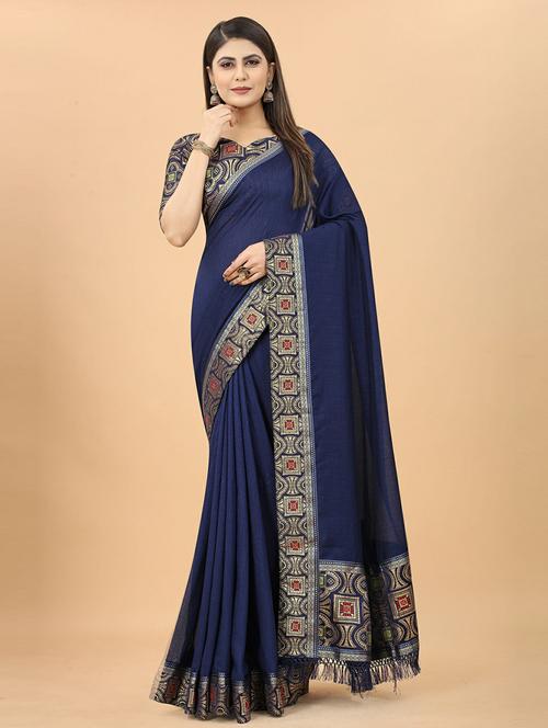 women's bordered blue colored saree with blouse - 20074882 - Very Small Image - 1