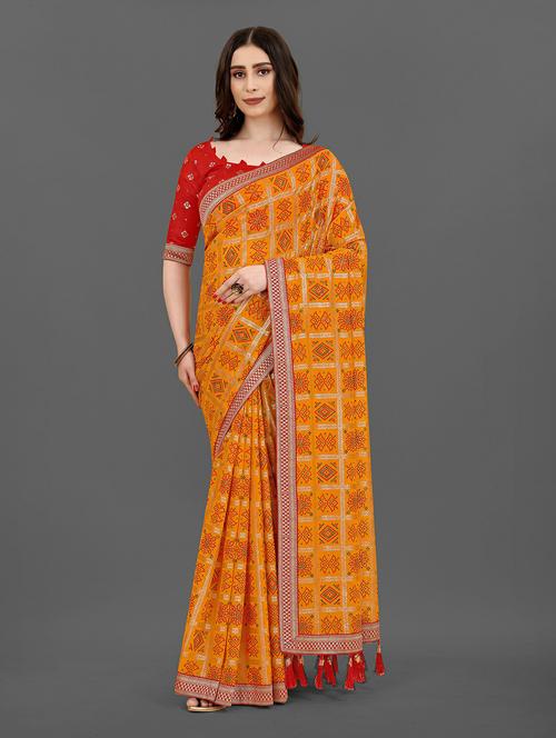yellow bandhani saree with blouse - 20074985 - Very Small Image - 1