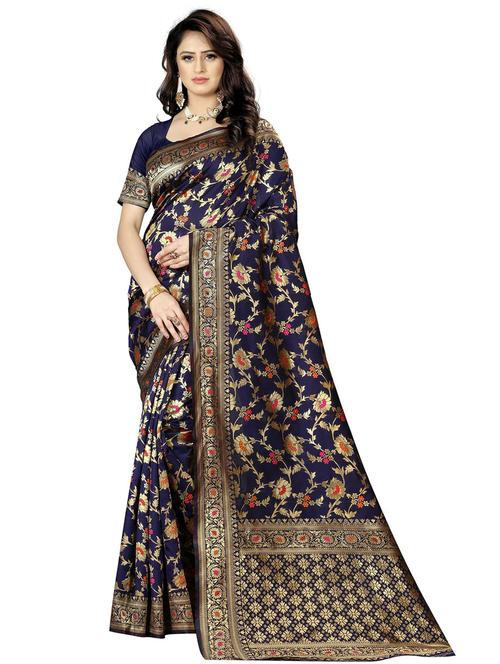 dark blue self design woven saree with blouse - 20075095 - Very Small Image - 1