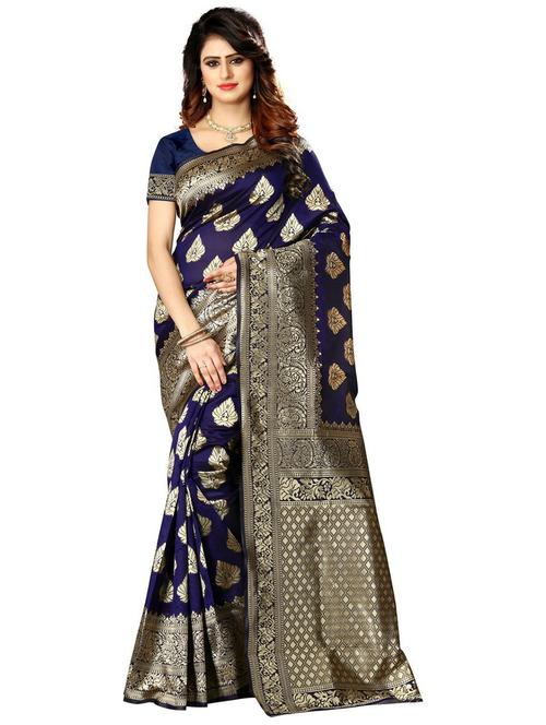 dark blue self design woven saree with blouse - 20075109 - Very Small Image - 1