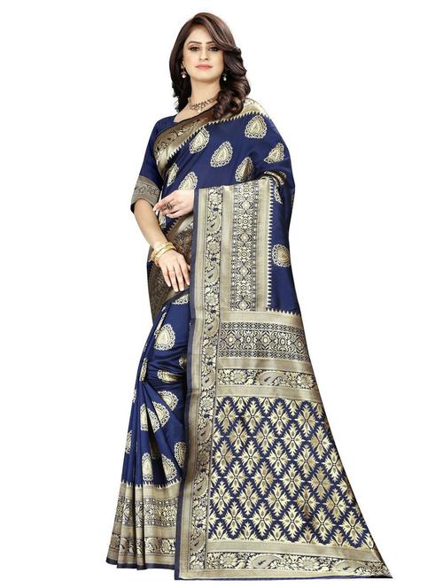 dark blue self design woven saree with blouse - 20075143 - Very Small Image - 1