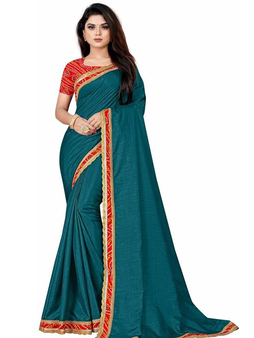 blue solid with bordered saree with blouse - 20075405 - Very Small Image - 1