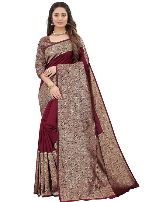 maroon silk blend banarasi saree with blouse - 20075628 - Very Small Image - 1