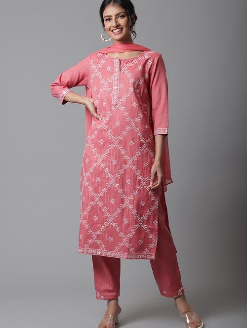 round neck kurta pant set with dupatta - 20082824 - Very Small Image - 1